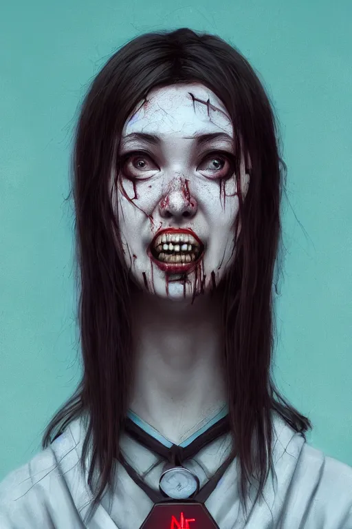 Image similar to cartoon portrait of a creepy horror nurse girl . intricate abstract. intricate artwork. nightmare fuel. terrifying. by Tooth Wu, wlop, dan mumford , trending on artstation, greg rutkowski very coherent symmetrical artwork. cinematic, hyper realism, high detail, octane render, 8k