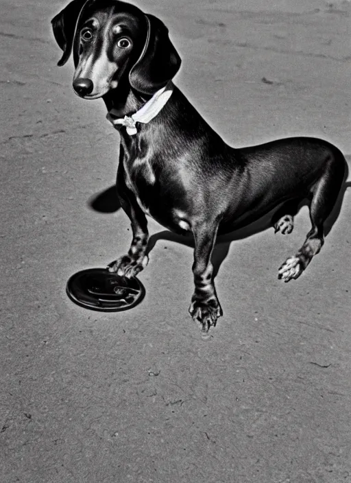 Prompt: Portrait of a dachshund struggling during the Great Depression, Leica m6, 85mm, fine-art photography, f/1.8, by Steve McCurry