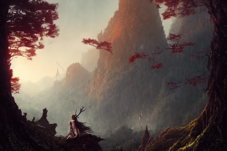 Image similar to detailed intricate digital illustration by greg rutkowski and david friedrich and ruan jia and fenghua zhong and steven belledi ; gothic fantasy valley and forest faerie fey unseelie in background ; 1 3 mm film, arri alfa anamorphic lens ; sharp focus, eventide, fireflies ; trending on artstation 8 k