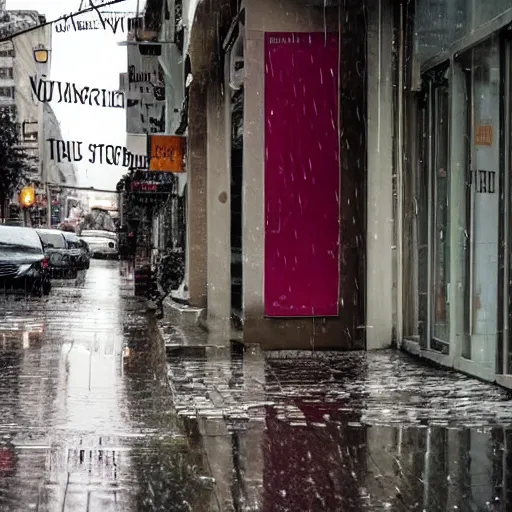 Prompt: in a rainy street, there's a store with a sign that says november