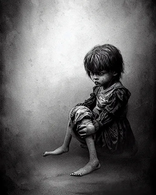 Image similar to creepy child, hopelessness, staring out, black and white, victorian, poor, ultra realistic, concept art, intricate details, horror, cinematic, highly detailed