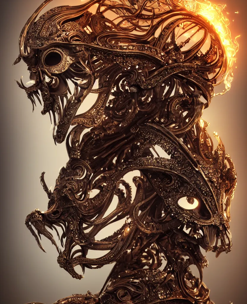 Image similar to close-up macro portrait of the face of a beautiful princess with ram animal skull mask, epic angle and pose, ribcage skeleton symmetrical artwork, 3d with depth of field, blurred background, cybernetic jellyfish female face phoenix bird, translucent, nautilus, energy flows of water and fire. a highly detailed epic cinematic concept art CG render. made in Maya, Blender and Photoshop, octane render, excellent composition, cinematic dystopian brutalist atmosphere, dynamic dramatic cinematic lighting, aesthetic, very inspirational, arthouse. y Greg Rutkowski, Ilya Kuvshinov, WLOP, Stanley Artgerm Lau, Ruan Jia and Fenghua Zhong