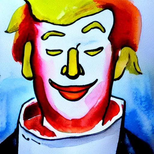 Prompt: donald trump as sad ronald mcdonald holding paper bag, watercolor, vignette