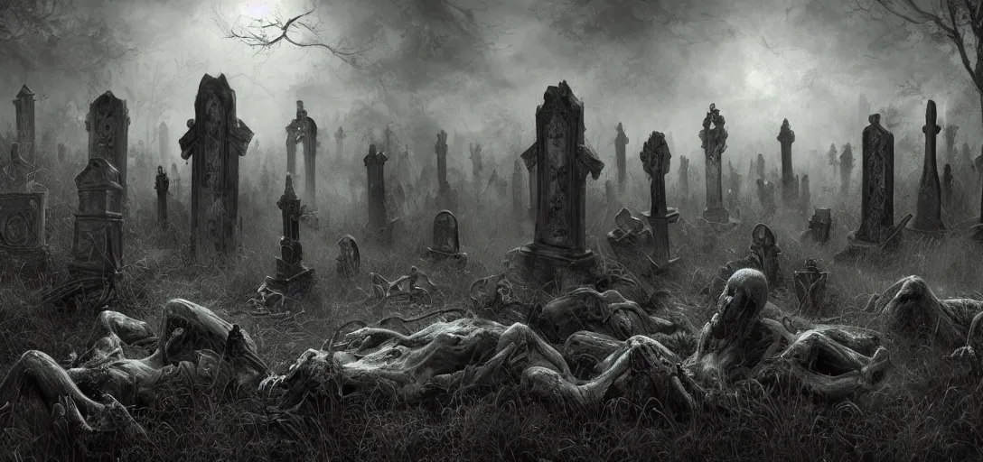 Image similar to A dark and haunted graveyard with ghost and zombies in the style of Keith Thompson, christopher bretz and kael ngu and Zdzislaw Beksinski, Artstation HD, 8k, Surrealistic digital artwork, highly detailed, digital painting, HDRI, vivid colors, high contrast, 8k resolution, intricate, photorealistic, smooth