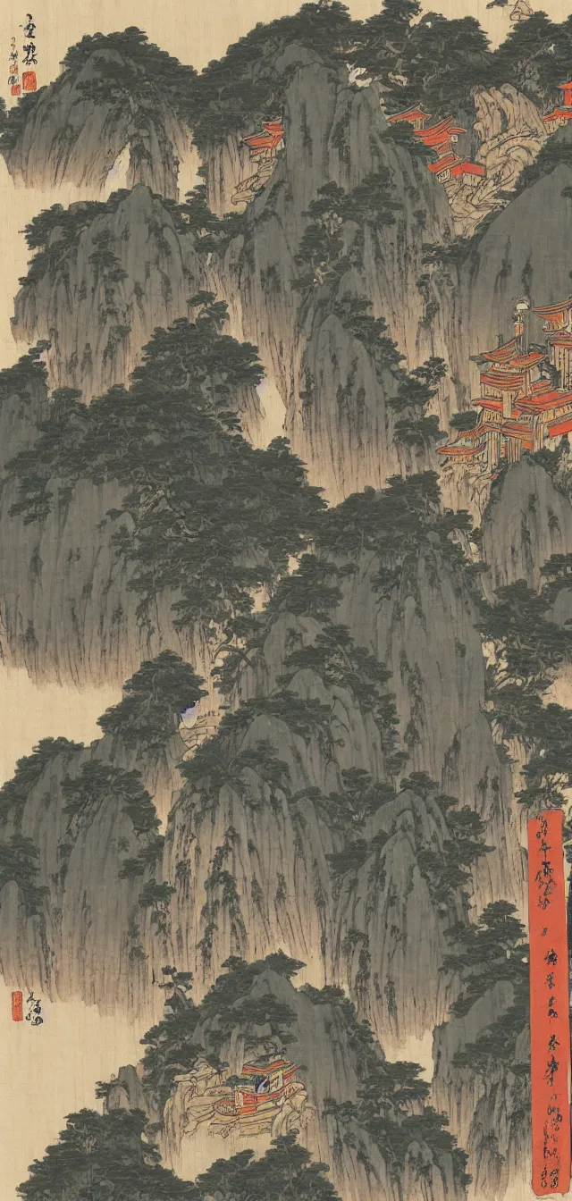 Image similar to taoist monks and temples in huangshan, artwork by hokusai and hiroshige, painted on old parchment