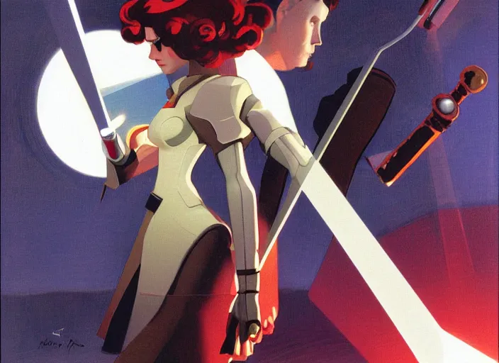 Image similar to the video game transistor's red with the transistor sword by ralph mcquarrie