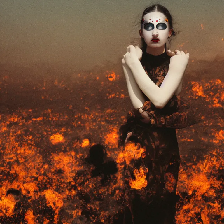 Prompt: The full body shot of beautiful pale woman with many eyes flowers and full-face golden mask inside a thick black smoke in rocky desert landscape, glowing eyes, falling star on the horizon, burning earth by Gaspar Noe and Christopher Doyle, anamorphic lens, anamorphic lens flares, kodakchrome, cinematic composition, practical effects, award winning photo, 8k