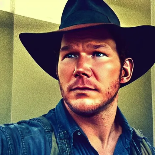 Prompt: chris pratt as indiana jones, selfie with older harrison ford, instagram, high detailed, symmetrical