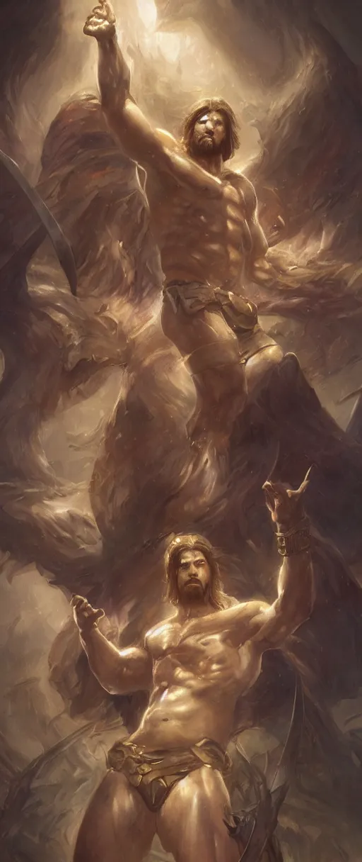 Image similar to extremely muscular jesus christ, magic the gathering art, studio lighting by jessica rossier and brian froud and gaston bussiere