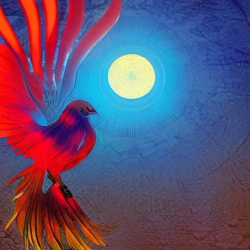 Image similar to the solarpunk phoenix, red bird, ornate egg, regeneration, landscape, epic composition, volumetric light, bokeh, inspired by monet and by alphonse mucha