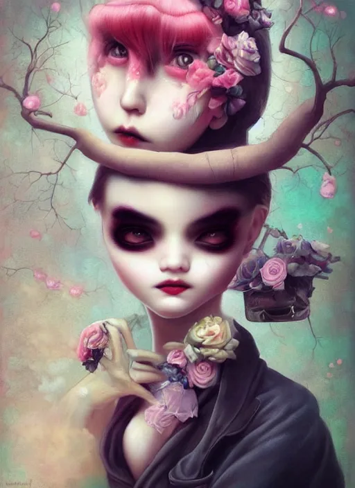 Image similar to pop surrealism, lowbrow art, realistic cute girl painting, japanese street fashion, hyper realism, muted colours, rococo, natalie shau, loreta lux, tom bagshaw, mark ryden, trevor brown style,