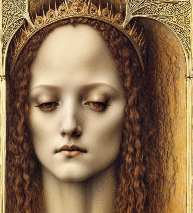 Image similar to detailed realistic beautiful young medieval queen face portrait by jean delville, gustave dore and marco mazzoni, art nouveau, symbolist, visionary, gothic, pre - raphaelite. horizontal symmetry