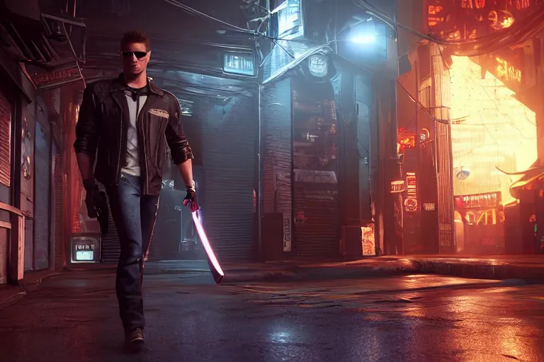 Image similar to a detailed full bodied 3 d render of an extremely handsome jensen ackles as the terminator walking down a dark alley in cyberpunk 2 0 7 7 and holding a glowing electrified katana, facing the camera, explosion in the background, volumetric lighting, octane render, 8 k, art by greg rutkowski and albert bierstadt and alphones mucha