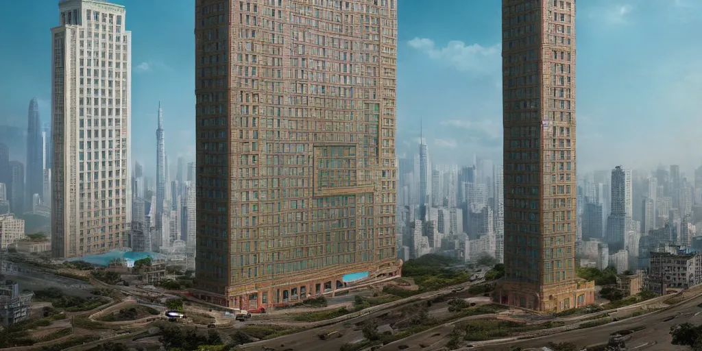 Prompt: a very high resolution image from a new movie, chinese building in front of modern skyscraper, front view, photorealistic, photography, directed by wes anderson