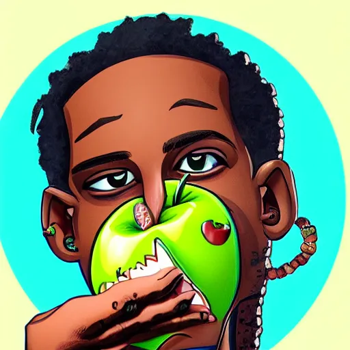 Image similar to caricature of travis scott eating apple, artstation, 8 k, cgsociety, high detalied, high quality,