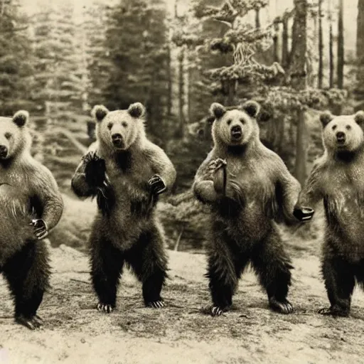 Image similar to “ a group of grizzly bears wearing full samurai armour in the forest, 1 9 0 0 ’ s photo ”