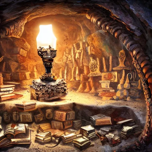 Prompt: epic view of an ancient dark byzantine cave interior, ornate oil lamp on a pile of crystals, books covered in jewels, ornate, surrounded by strange statues and treasure, full of sand and dust, hyper real, Indiana Jones, Tomb Raider, trending on artstation, concept art, cinematic, jewels