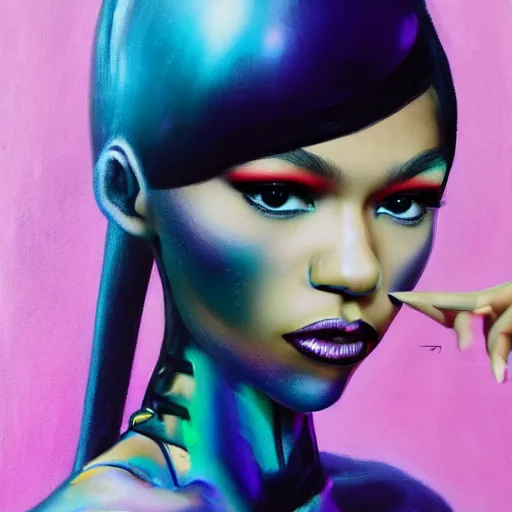 Prompt: fashionable photo of zendaya in futuristic goth make - up, portrait, closeup, barbie, sharp focus, dominatrix, lolita fashion, smooth, latex, cute, pastel colors, yoga pose, highly detailed, vibrant painting, volumetric light, petite, by bruce pennington, by takashi murakami, by john berkey, by yoshitaka amano