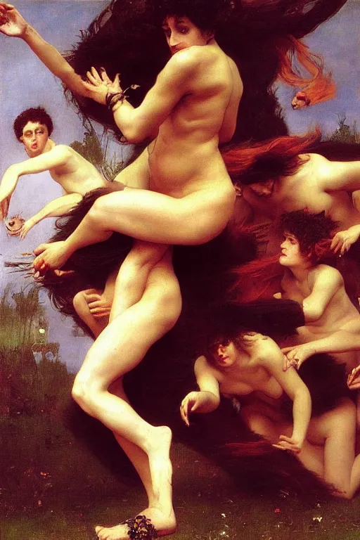 Image similar to a renaissance oil painting by alma tadema of demonic beautiful vampire woman running in fear from a group of gigantic cats, colourful pastel trending artstation, detailed portrait academic bouguereau caravaggio high shadow contrast medium shot