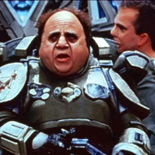 Prompt: danny devito as a space marine in starship troopers fighting the bugs, dramatic action shot