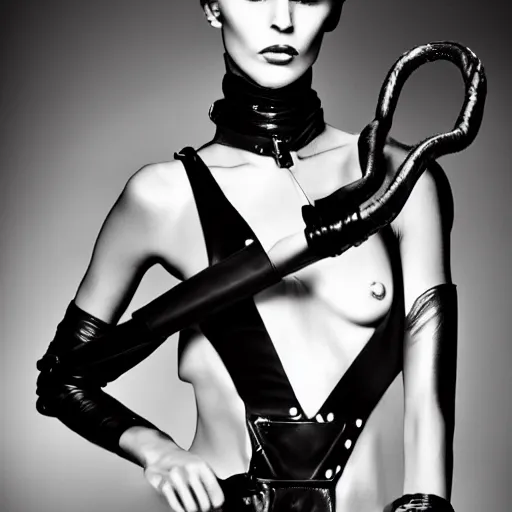 Image similar to fashion photography of an extraterrestrial model, holding a leather whip, wearing demobaza fashion, inside berghain, berlin fashion, harness, futuristic fashion, dark minimal outfit, photo 3 5 mm leica, hyperdetail, berghain, 8 k, very detailed, photo by nick knight