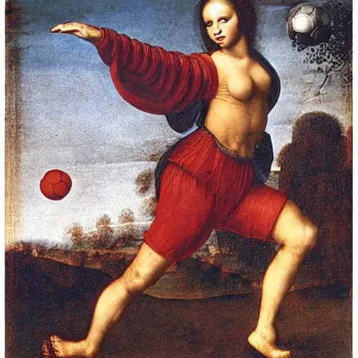 Image similar to Olivia Newton-John playing football by Leonardo da Vinci