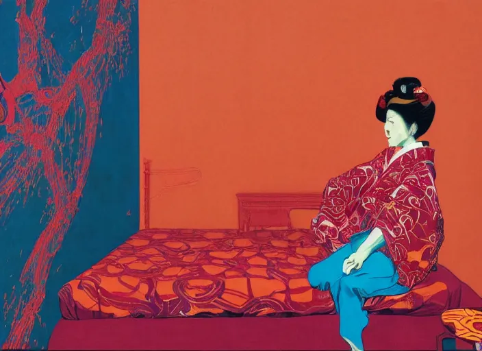 Prompt: a beautiful woman, in kimono, sitting on edge of bed byfrancis bacon, vibrant red background, mythological painting, tristan eaton, victo ngai, oil painting, triadic color scheme, very coherent, figure seated on a throne of marble, beksinski painting