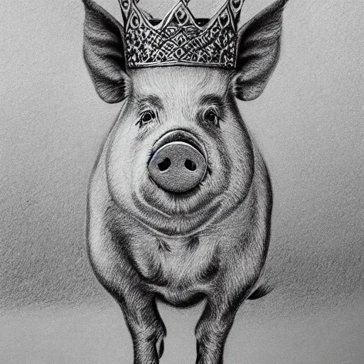 Image similar to Highly detailed pencil drawing of a pig wearing a gold crown