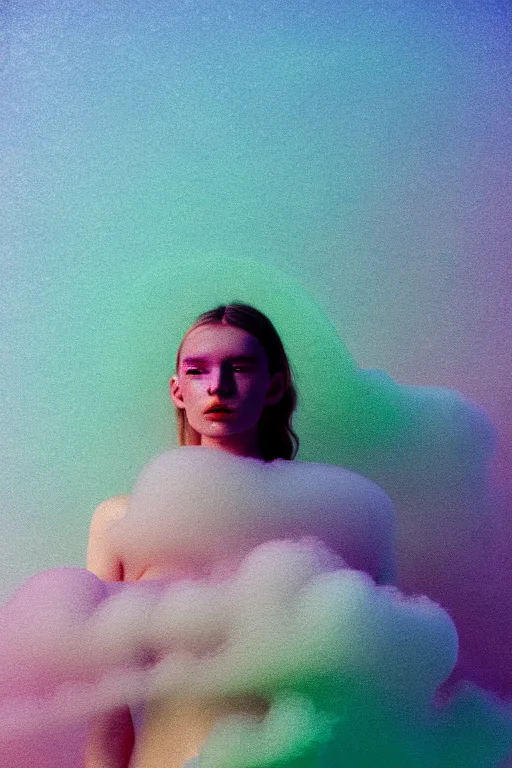 Image similar to high quality pastel coloured film close up wide angle photograph of a model wearing clothing swimming on cloud furniture in a icelandic black rock!! environment in a partially haze filled dreamstate world. three point light, rainbow. photographic production. art directed. pastel colours. volumetric clouds. pastel gradient overlay. waves glitch artefacts. extreme facial clarity. 8 k. filmic.