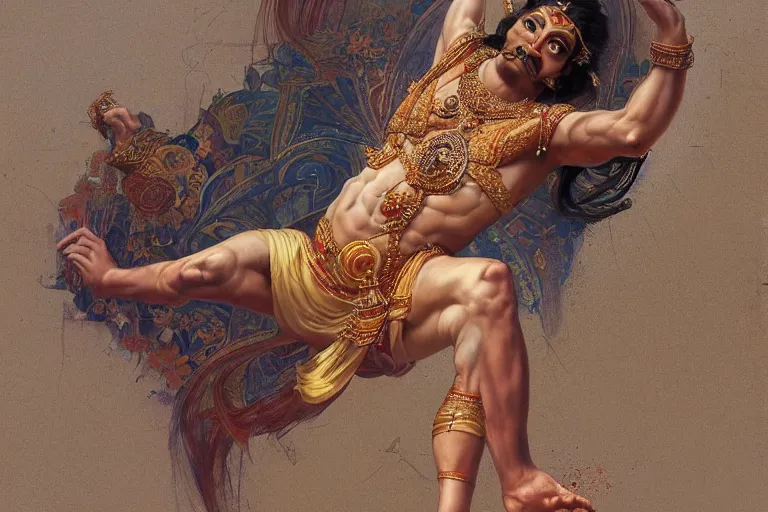 Prompt: award winning full body portrait of a beautiful ornated hanuman god, horizontally leaping!!!, legs stretched!!! intricate, elegant, highly detailed, digital painting, artstation, concept art, smooth, sharp focus, digital illustration, art by krenz cushart and artem demura and alphonse mucha