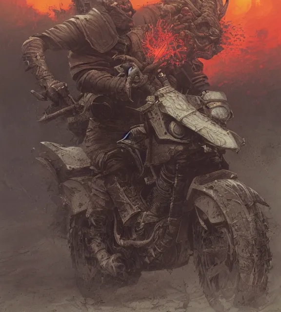 Image similar to motorbikers race in hell, beksinski, age of sigma art, frank frazetta, ruan jia, dark soul armor concept, trending on artstation, wayne barlowe, adrian smith fantasy art, elden ring art, the hobbit art, lord of the ring art, infinity blade armor