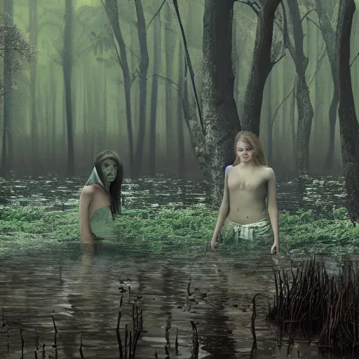 Prompt: a siren in a lonely swamp surrounded by trees and mud with a human looking at it scared to death