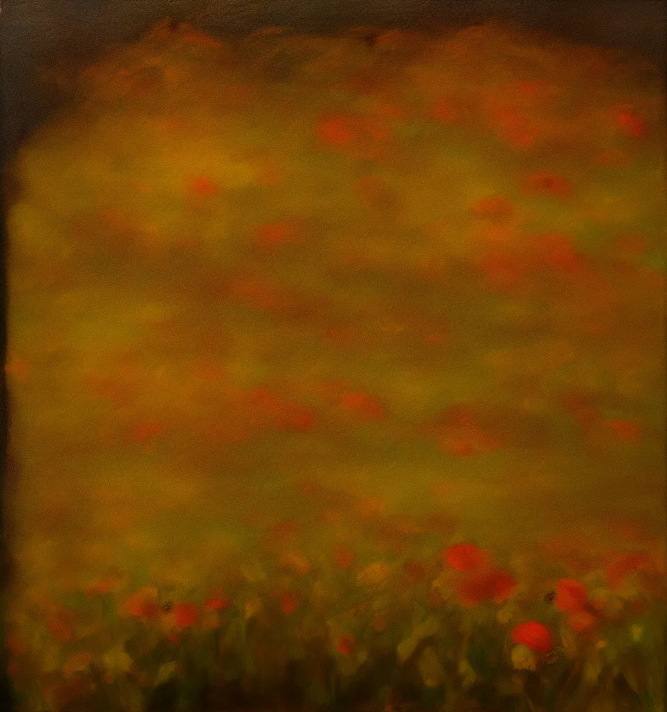 Image similar to an oil painting in the style of DaVinci of a flower field