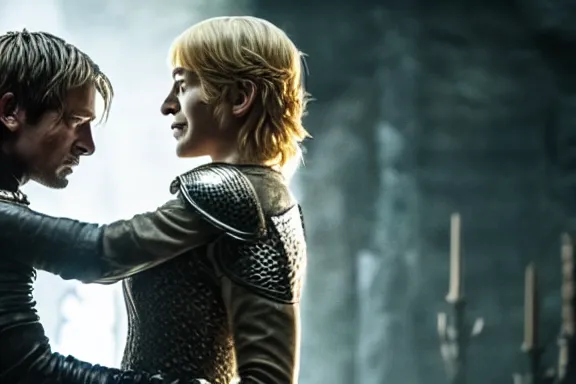 Image similar to very very intricate photorealistic photo of jaime lannister defeating cersei, photo is in focus with detailed atmospheric lighting, award - winning details