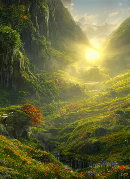 Image similar to in the distance a symmetrical fairy flying in a lord of the rings scenery landscape, a vast lush valley flowers and wood structures, stream, sunrise, god's rays highly detailed, vivid color, cinematic lighting, perfect composition, 8 k, gustave dore, derek zabrocki, greg rutkowski, belsinski, octane render