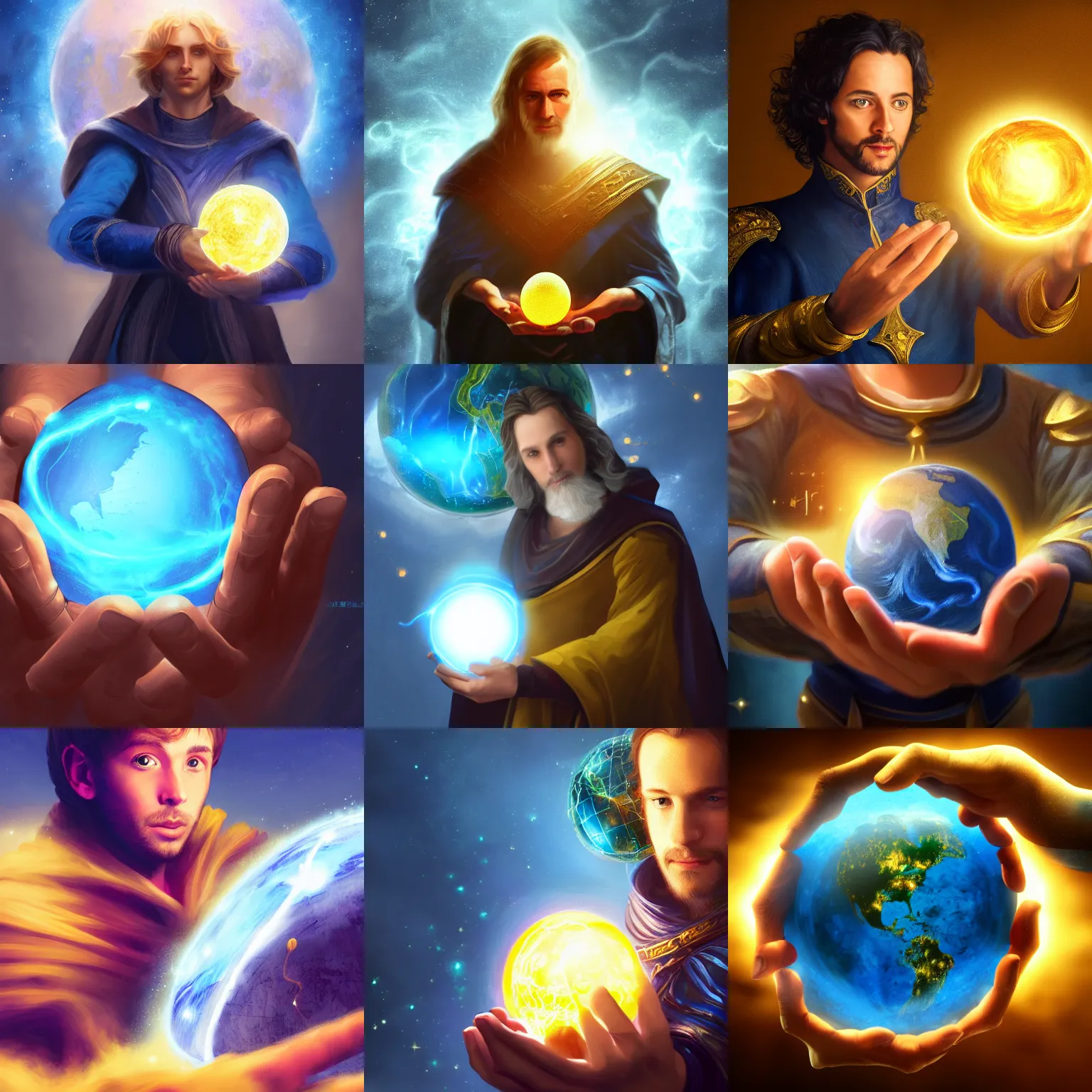 Prompt: Half-length portrait of a noble mage holding levitating planet earth between his hands. Blue and gold lighting. Fantasy, digital painting, HD, detailed, artstation, 4k.