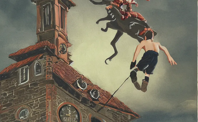 Image similar to a boy fighting a wolf on the edge of a clocktower, by peter chan gouache, print