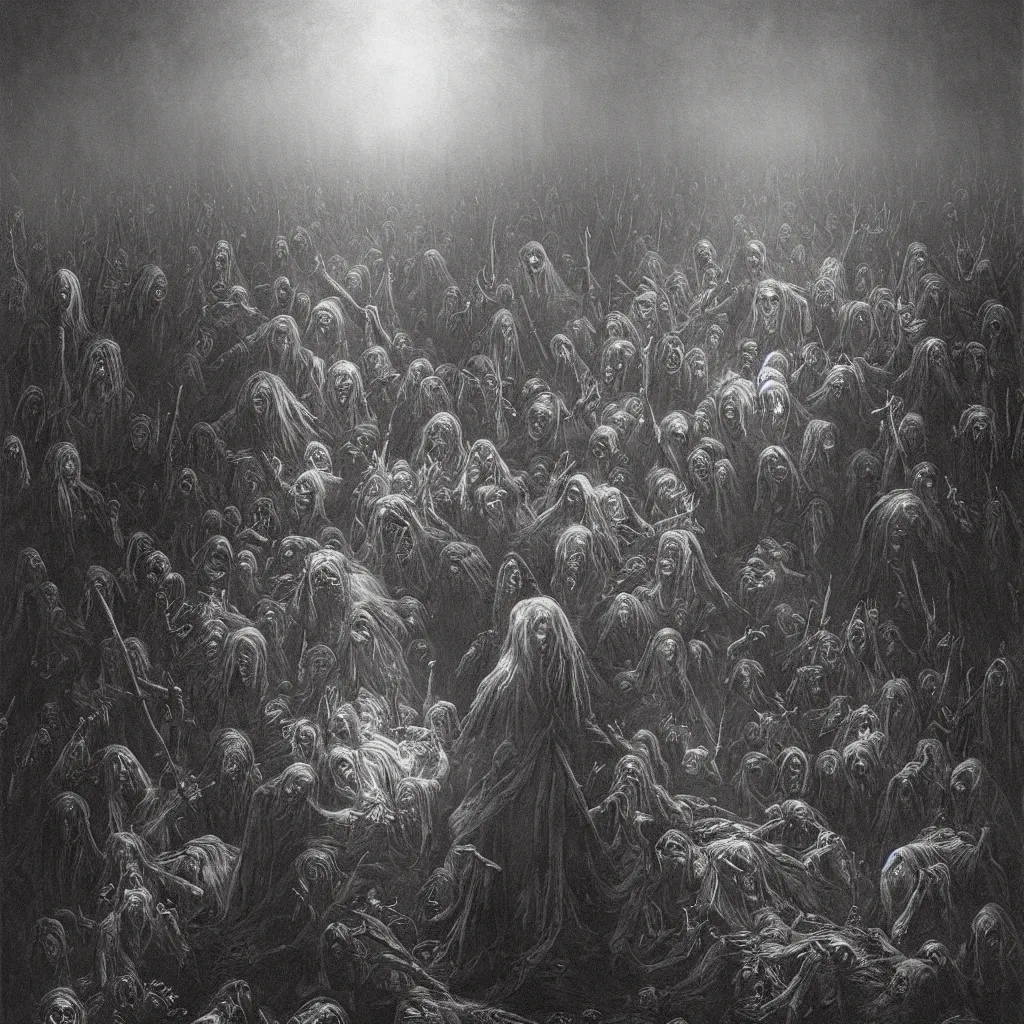 Prompt: dawn of the dead, creepy atmosphere, dark, portrait, realistic, very realistic, illustration by gustave dore