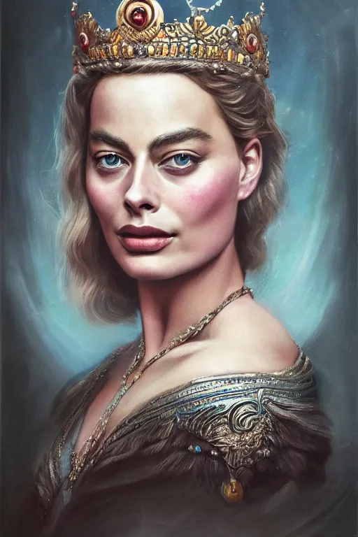 Image similar to A stunning realistic fine art painting of Margot Robbie as a queen by Tom bagshaw, studio portrait, 50mm lens 4k,