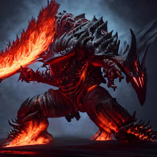 Image similar to 4k_unreal_engine_render_of_Deathwing_spreading_his_fire_in_a_epic_way_dynamic_lighting_stunning_visuals_cinematic_ultra_detailed_trending_on_art