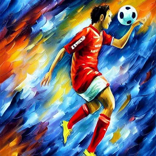 Image similar to a painting of an astronaut playing soccer in a cosmic scenic environment by Leonid Afremov