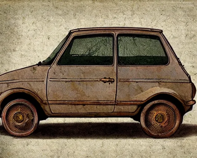 Prompt: Illuminated medieval manuscript of a rusty Fiat 126p