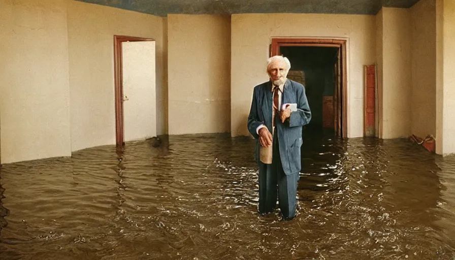 Prompt: 7 0 s movie still of an old manstanding in a soviet stalinist style palace flooded in mud, cinestill 8 0 0 t 3 5 mm eastmancolor, heavy grain, high quality, high detail