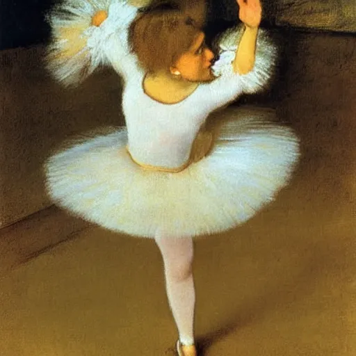 Prompt: a cream-colored Havanese dog performing ballet, by Edgar Degas