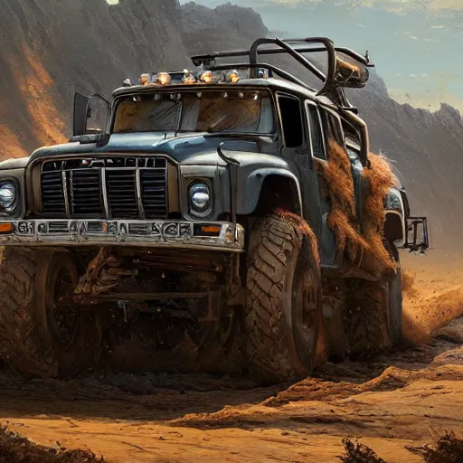 Image similar to full view of a off-road truck, intricate, elegant, highly detailed, digital painting, concept art, smooth, sharp focus, art style from Greg Rutkowski and Bruce Kaiser and Scott Robertson and Dmitry Mazurkevich and Doruk Erdem and Jon Sibal