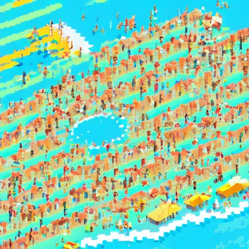 Prompt: aerial view of a busy beach on a sunny day, pixel art