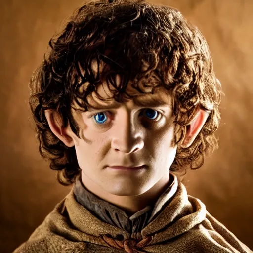 Image similar to frodo from lord of the rings in a burlap sack of potatoes, and the sack has many potatoes in it, photography, realistic, mid shot, in his hobbit home, cinematic lighting