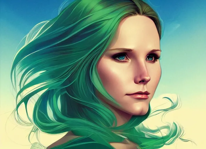 Image similar to style artgerm, joshua middleton, beautiful kristen bell with green dress, very long blue hair, symmetrical face, symmetrical eyes, water powers water swirling, detailed, beach setting, cinematic lighting