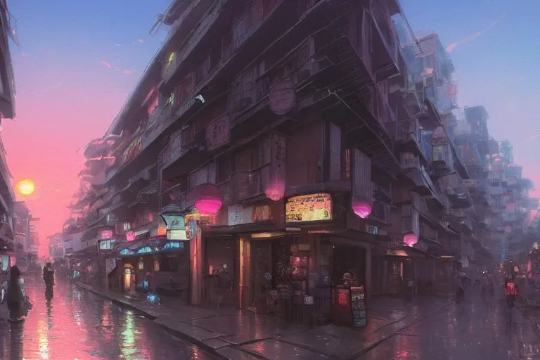 Prompt: A street in Tokyo with pink clouds and sunset in the background, by greg rutkowski and thomas kinkade, in the style of Sailor Moon, Trending on artstation.