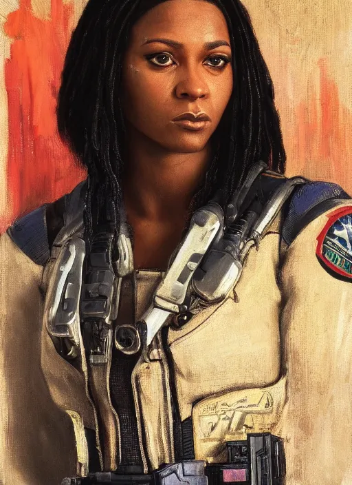 Prompt: Sgt. Athena Igwe. Strong cyberpunk female USN Assault mech pilot with cyberpunk eyepiece and wearing a Athletic jumpsuit (cyberpunk 2077, bladerunner 2049). gorgeous face. Iranian orientalist portrait by john william waterhouse and Edwin Longsden Long and Theodore Ralli and Nasreddine Dinet, oil on canvas. Cinematic, hyper realism, realistic proportions, dramatic lighting, high detail 4k